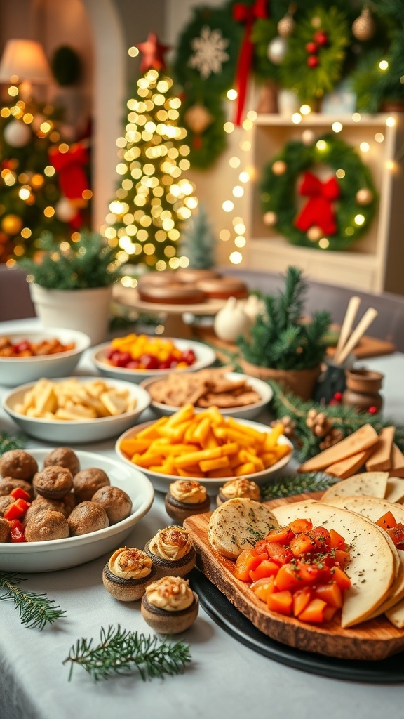 A vibrant Christmas party table filled with appetizers, desserts, and festive decorations.